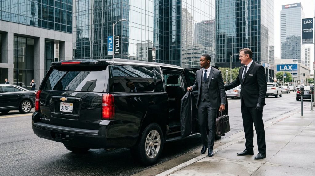 A private chauffer opening a car door for a businessman