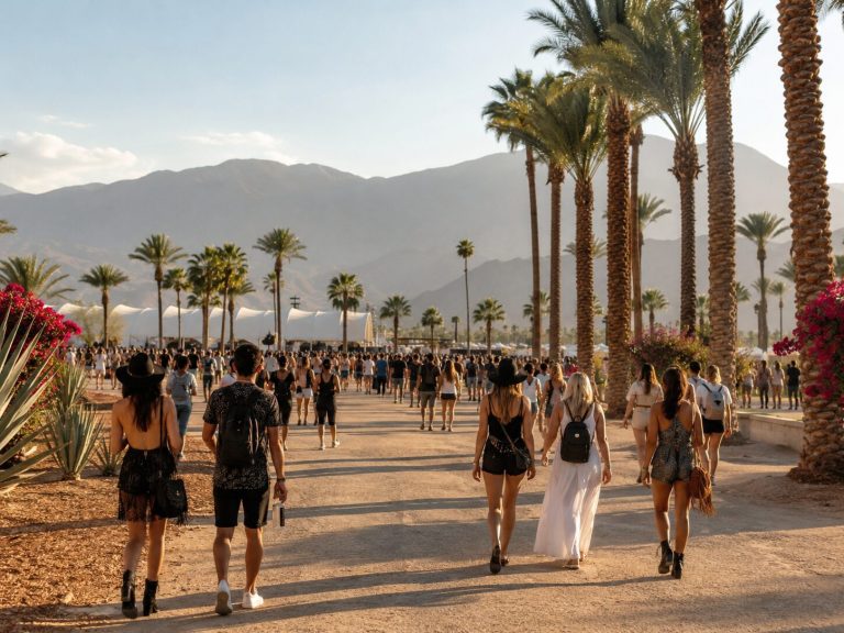 Festival attendees walking through a palm-lined desert venue with mountains in the background near Coachella.