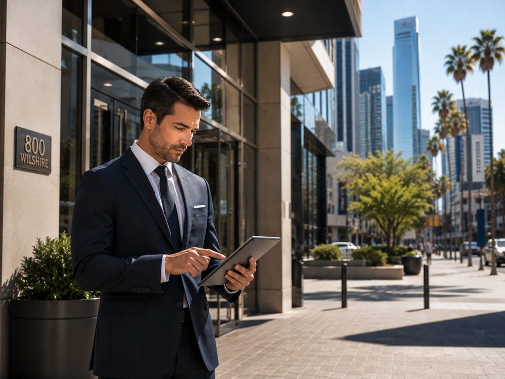 Business traveler using a tablet outside a modern office building in Downtown Los Angeles.