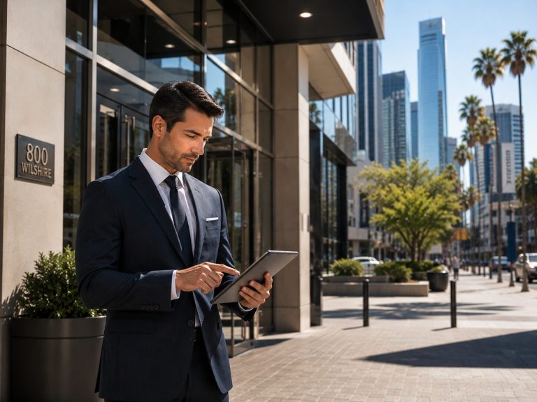 Business traveler using a tablet outside a modern office building in Downtown Los Angeles.