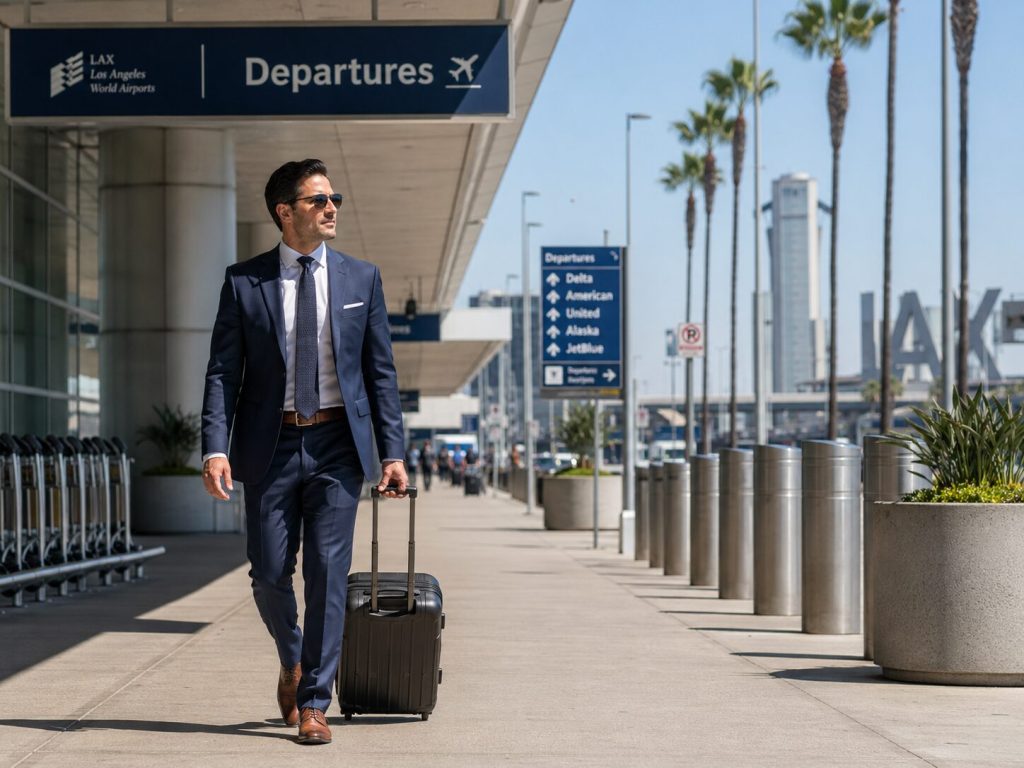 Business traveler with rolling luggage outside the departures area at Los Angeles International Airport.