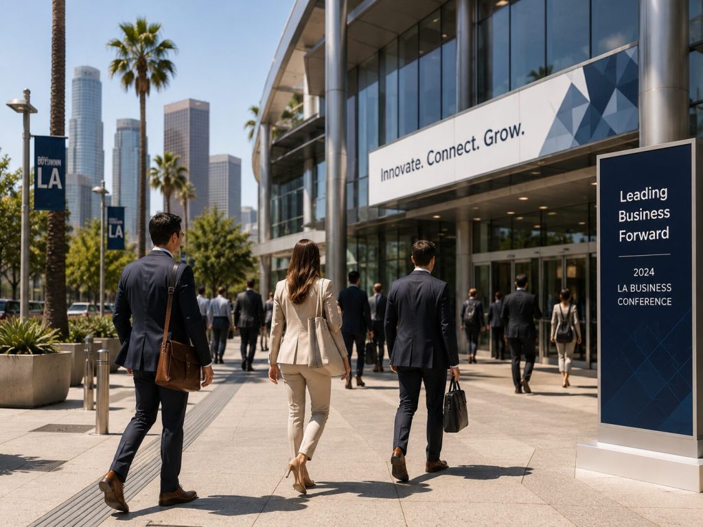 Business professionals walking toward a conference venue surrounded by Downtown Los Angeles office buildings.
