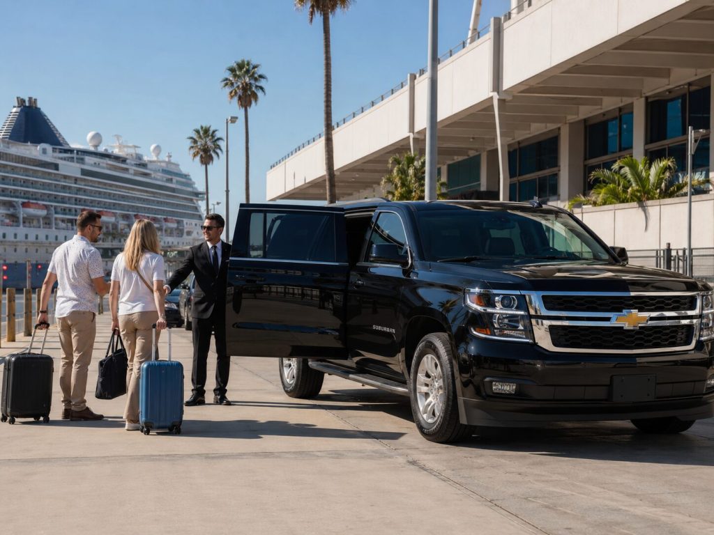 Professional chauffeur greeting travelers beside a black Chevrolet Suburban at a Los Angeles cruise terminal.