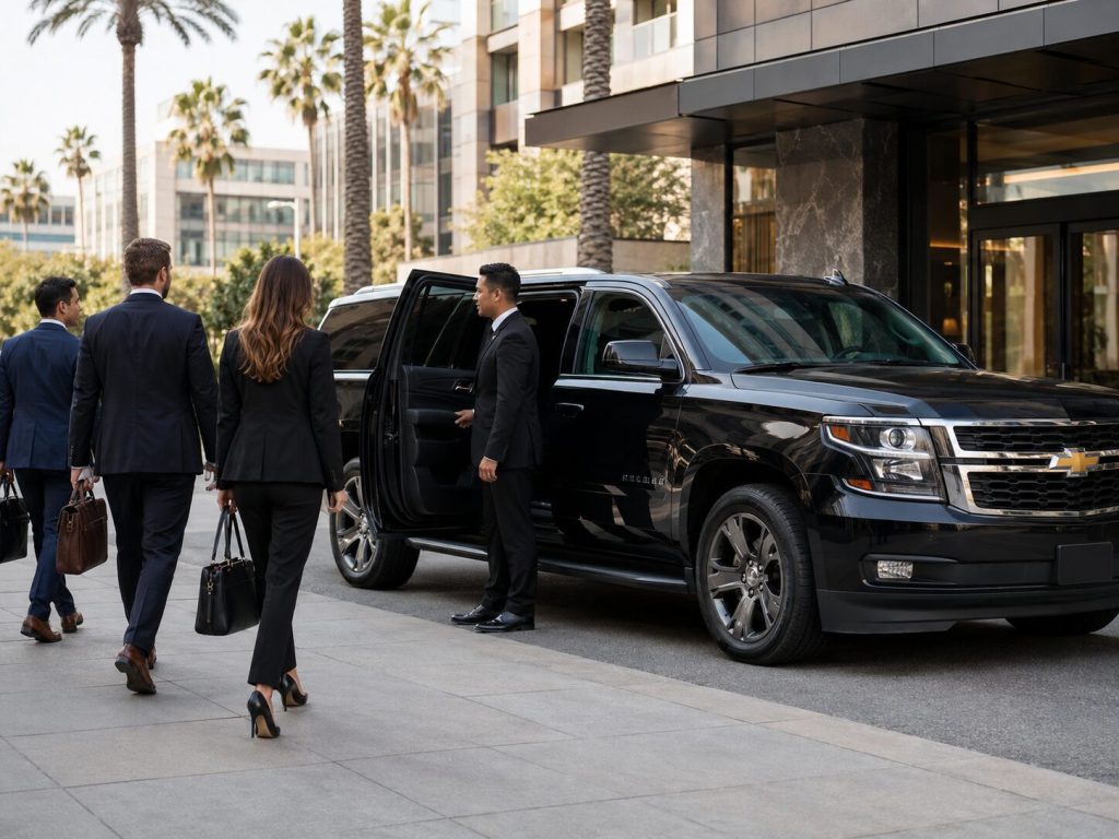 Professional chauffeur opening the door of a black Chevrolet Suburban for a business traveler in Downtown Los Angeles.
