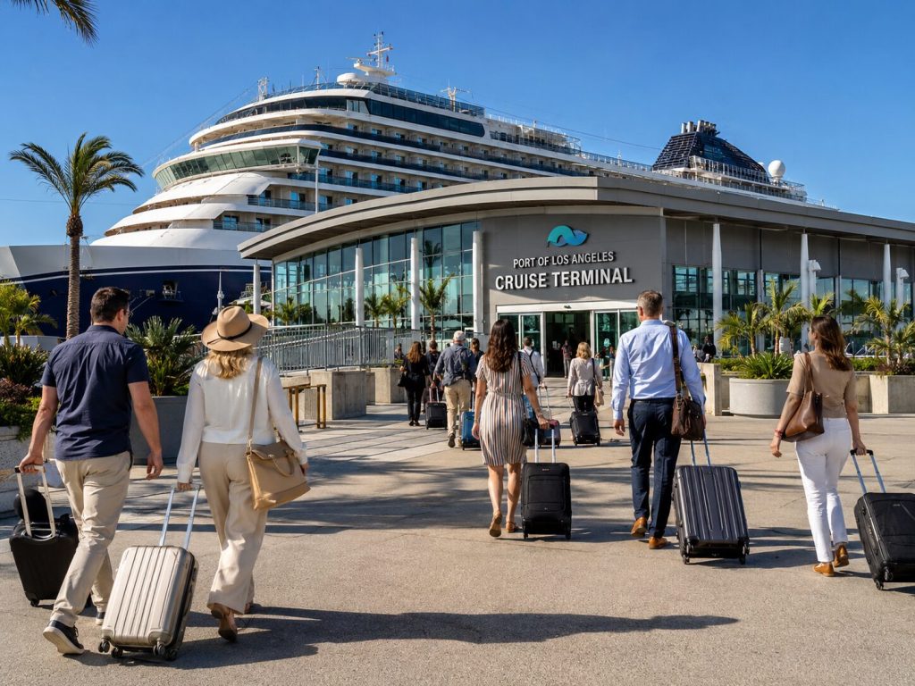 Cruise passengers with luggage walking toward the Port of Los Angeles cruise terminal with a ship in the background.