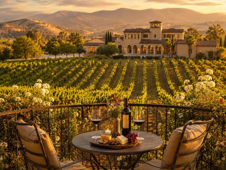 Wine and cheese set on a terrace overlooking vineyard rows and rolling hills in Temecula wine country at sunset.