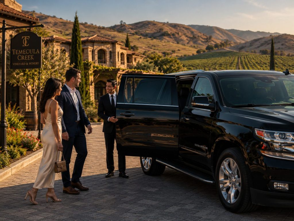 Wine and cheese set on a terrace overlooking vineyard rows and rolling hills in Temecula wine country at sunset.