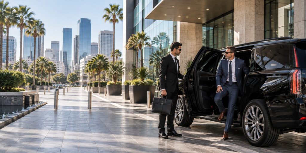 Black SUV arriving outside a modern Los Angeles office building with business travelers