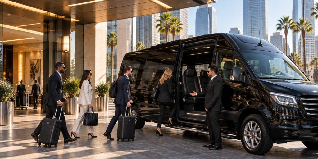 Corporate group boarding private transportation outside a hotel or conference setting