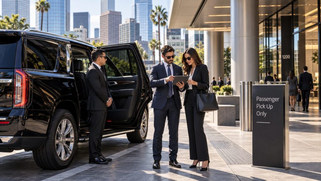 Professionals reviewing a travel schedule beside a black SUV in a business district