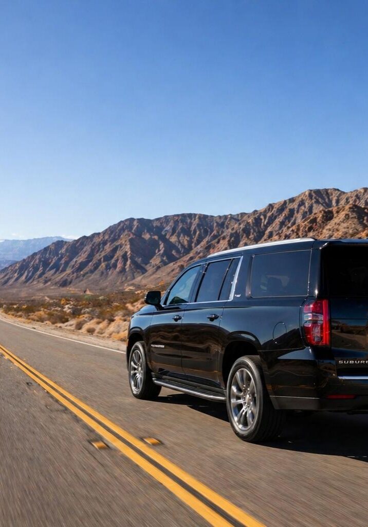 Luxury black SUV providing airport transportation on highway near Los Angeles